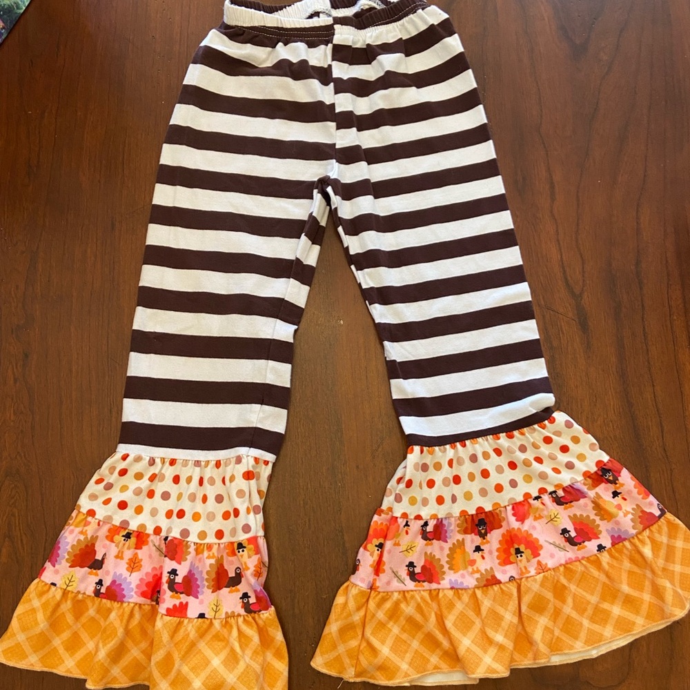 Striped Brown Pants and Orange Ruffle Turkey Bellbottoms size 2Xl 2T